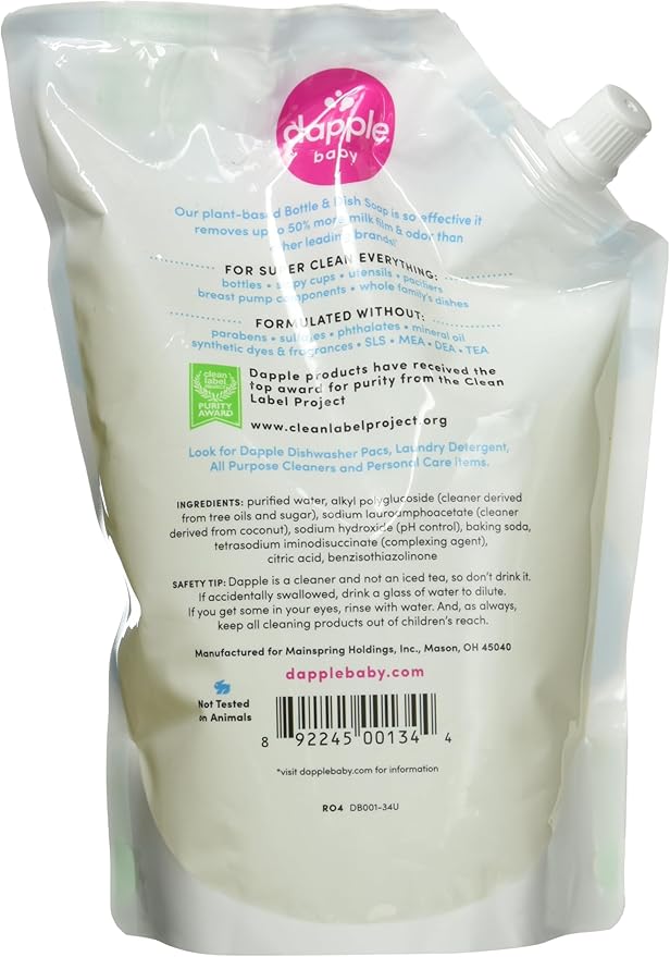 Dapple Refill Pack Baby Bottle and Dish Liquid, Fragrance Free, 33.8 Fluid Ounce