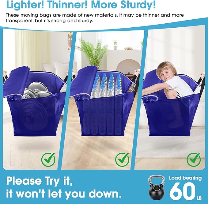 BlissTotes 2 Pack Moving Bags with Clear Window, Storage Bags with Strong Carrying Handles & Zippers,Large Packing Bags for Saving Space, Alternative to Moving Boxes(Blue,33 Gallon)