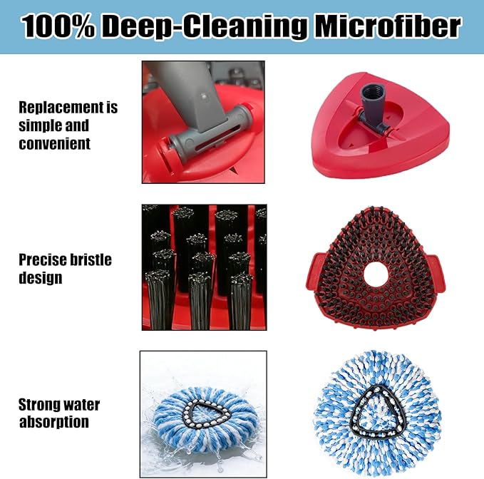 6PCS Spin Mop Replacement Heads,with Only Fit for RinseClean 2-Tank System,Machine Washable & Easy to Replace.Including 4 Spin mop Replacement Heads, 1 Brush Head and 1 Base