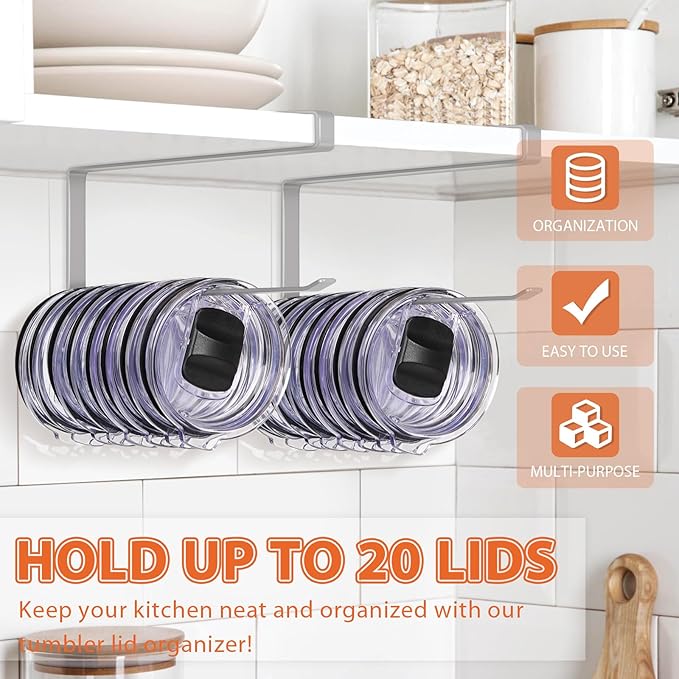 2 Pack Tumbler Lid Organizer, Horizontal Tumbler Lid Storage Hook to Hold Up 20 Lids, Space Saving Cup Lid Holders Under Cabinet Tumbler Lid Hook for Kitchen Organizer, Paper Towel Rack Hanger (Gray)