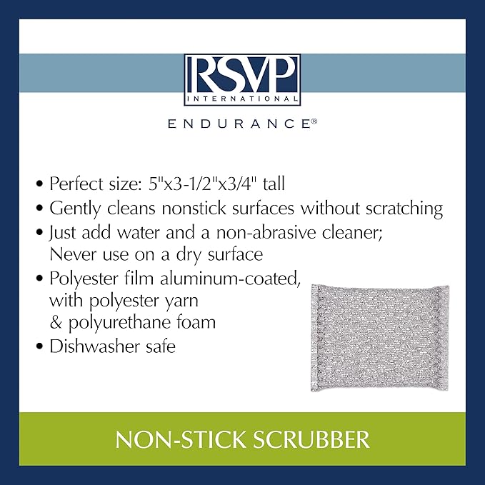 RSVP International Kitchen Cleaning Collection Gentle Scrubbing Sponge for Non-Stick Cookware, Porcelain & Glass, Dishwasher Safe, 5x3.5, Silver