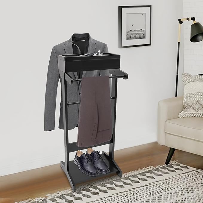 Valet Stand for Man and Women, Wood Suit Rack Suit Valet Stand with Top Tray, Storage Drawer, Bottom Shoe Rack, Freestanding Clothes Rack for Living Room, Entryway, Bedroom, Office, Black (Black)