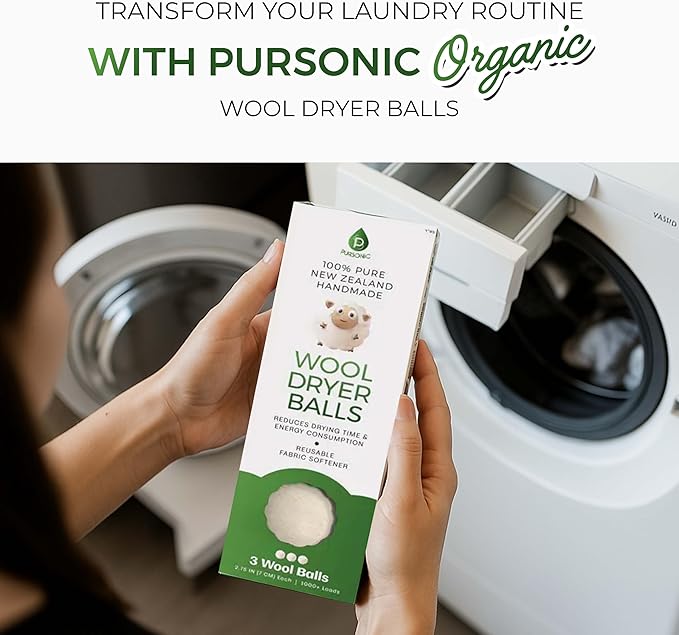 Pursonic Laundry Wool Dryer Balls – Reusable Dryer Balls Made from 100% Pure New Zealand Wool – Natural Fabric Softener Balls - Saves Drying Time/Energy Consumption (Pack of 3)