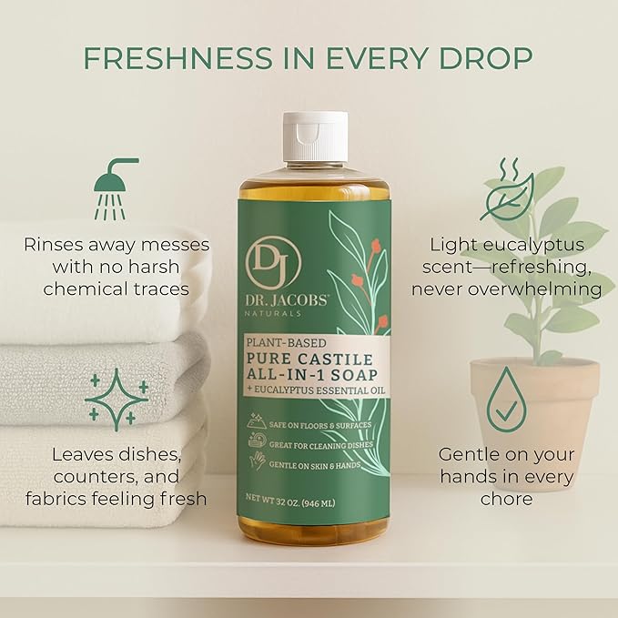 Dr. Jacobs Naturals Eucalyptus Castile All-in-One Cleaner and Soap - Plant-Based Formula for House Cleaning Floors and Appliances - Gentle on Skin and the Planet - 32 oz, 2 Pack