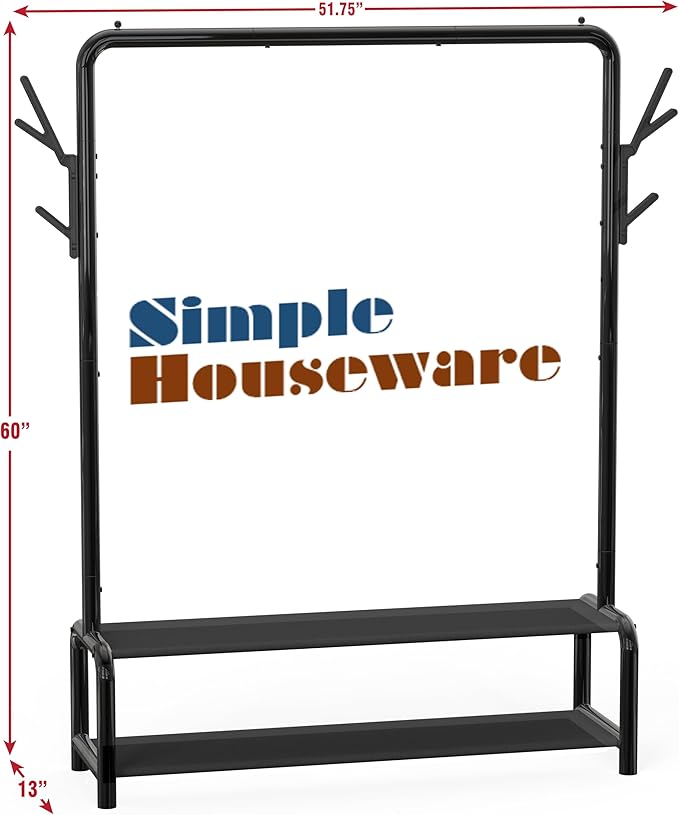 Simple Houseware 52-Inch Freestanding Closet Garment Rack with Storage Shelves and Coat/Hat Hooks, Black
