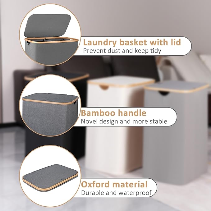 iEGrow 150L Laundry Hamper with Lid-Large Laundry Basket with Bamboo Handles, Grey Hampers for Laundry, Dirty Clothes Hamper with 2 Removable Inner Bags for Clothes Toys Towels