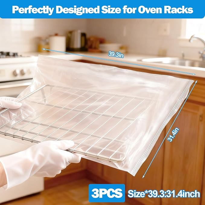 XANGNIER 3 Pack No Scrub Oven Rack Cleaning Bags 39.3 * 31.4in,No Cleaner Included,Simple to Use,No Messy Hands Reusable Leakproof Soaking Cleaner Bags for Removable Metal Rack,BBQ Grills,Grill Grate