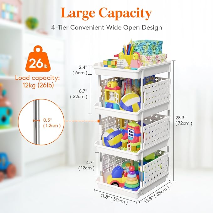 Lifewit Plastic Stackable Storage Baskets, 4 Tier Stacking Bins for Food and Clothes, Multifunctional Organizer for RV, Kitchen, Playroom, Pantry and Bathroom, 13.8"D x 11.8"W x 28.3"H, 1 Pack, White