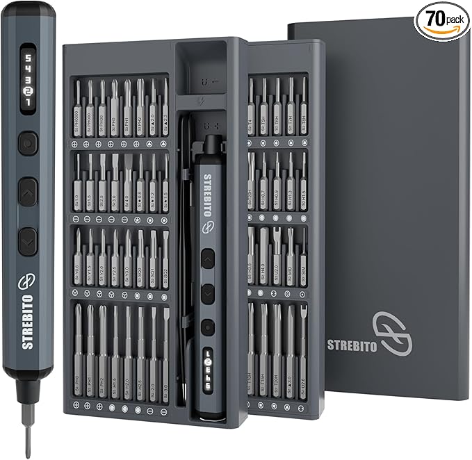 STREBITO Mini Electric Screwdriver Set, 70 in 1 Small Electric Screwdriver - 64 S2 Preicison Bits, 5 Torque Settings, 4 LED Lights, Mini Power Screwdriver Repair Tool Kit for PC Electronic (Upgraded)