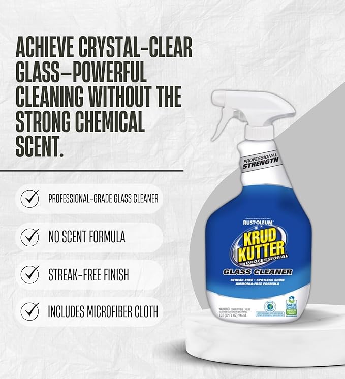 Krud Kutter Professional No Scent Glass Cleaner 32 oz Liquid Bundle with Microfiber Cloth – Streak-Free Window and Mirror Cleaner for Home, Auto, and Office Use – Gift Set (2 Items)