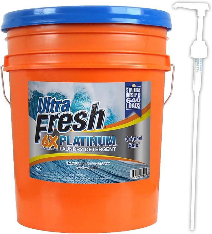Ultra Fresh 6X Platinum 5 Gallon Laundry Detergent Liquid for All Machine Types with Easy Dispensing Pump, Up to 640 Loads, Original Blue (6 Pack)
