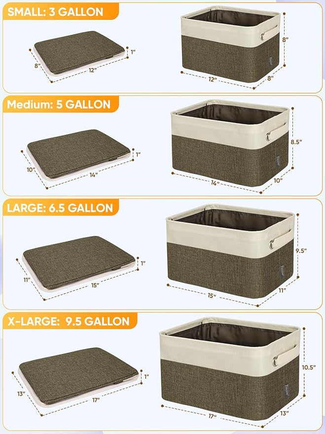 BALEINE 4 Pack Fabric Storage Bins for Shelves, Linen Storage Baskets for Organizing, Decorative Closet Bins for Clothes, Home (Brown, 15"x11"x9.5")