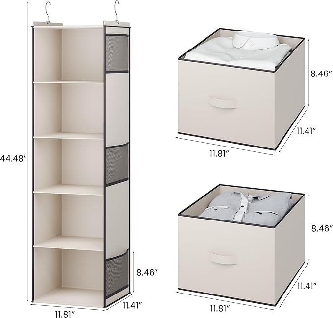 YOUDENOVA Hanging Closet Organizer, 5 Tier Hanging Closet Shelves with 6 Side Pockets and 2 Drawers, Beige