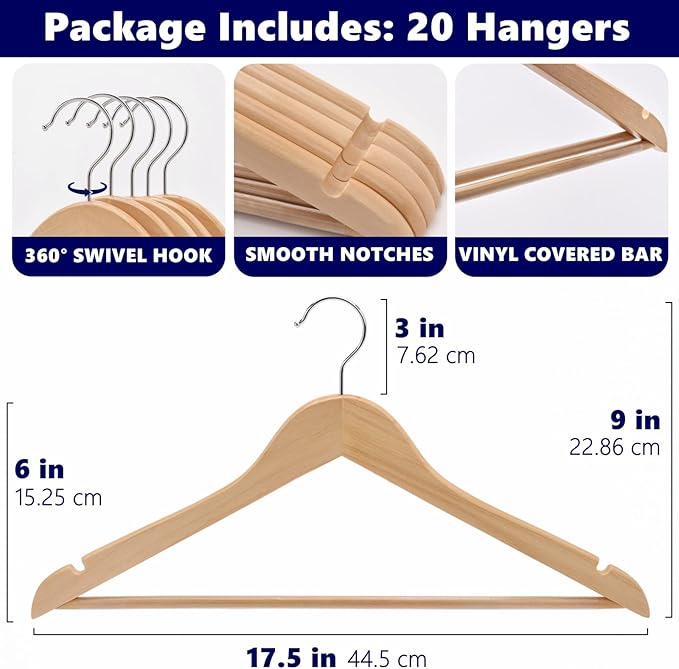 Amber Home 20 Pack Wooden Coat Hangers, Natural Wood Suit Hangers with Non-Slip Pant Bar, Clothes Hangers for Closet Organization, Shirts, Jackets, Dresses, and Pants (Natural, 20)