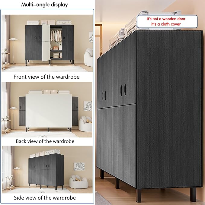 Heavy Duty Covered Clothes Rack with Magnetic Door Foldable Portable Wardrobe Closet for Hanging Clothing Rolling Black Metal Garment Rack on Wheels Closet System (Black, 65.9in)