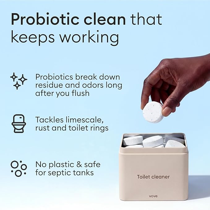 Vove Probiotic Toilet Bowl Cleaner Tablets, 24 Count - Lime & Eucalyptus, Citric Acid + Oxygen Bleach Fizzing Formula, Dissolves Hard Water Stains & Limescale, Plant-Based, Septic Safe, Plastic-Free