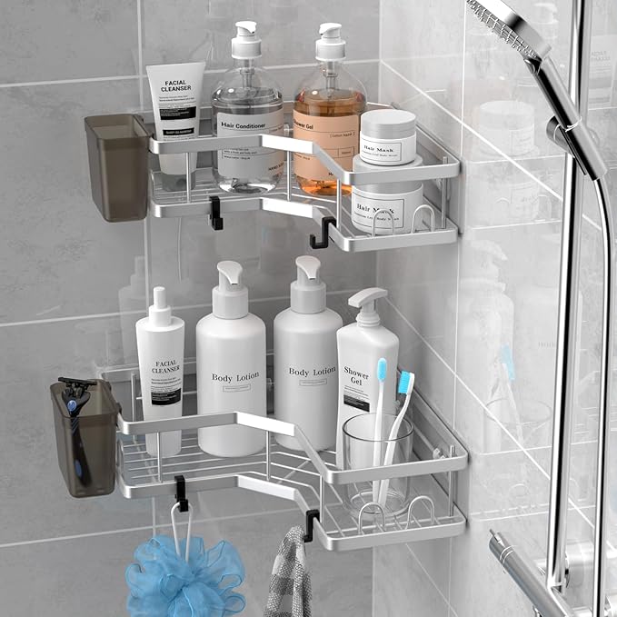 AKTECKE Corner Shower Caddy Shelf Rack: 2 Pack Adhesive Shower Organizer Essentials - No Drilling Stainless Steel Bathroom Storage Rack with Hooks and Toothpaste Holder
