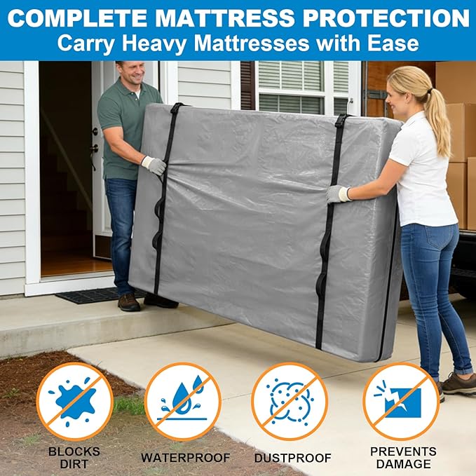 TICONN Mattress Bags for Moving, Heavy Duty King Mattress Cover Storage Bag with Full-Around Handle and Adjustable Buckles (Gray, King)