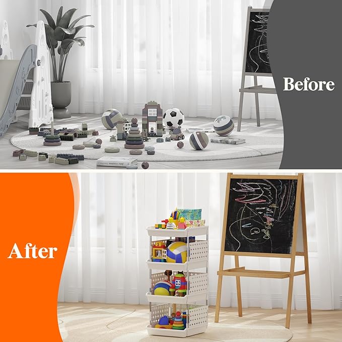 Lifewit Plastic Stackable Storage Baskets, 4 Tier Stacking Bins for Food and Clothes, Multifunctional Organizer for RV, Kitchen, Playroom, Pantry and Bathroom, 13.8"D x 11.8"W x 28.3"H, 1 Pack, White