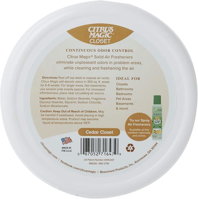 Citrus Magic For Closets Odor Absorbing Solid Air Freshener, Cedar, 8-Ounce, Pack of 6 - CASE