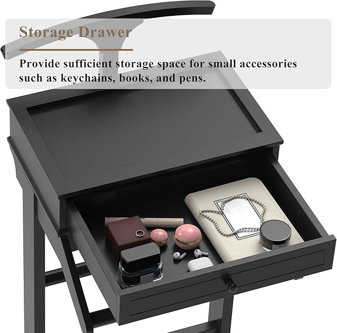 Wooden Valet Stand for Men, Suit Valet Stand with Top Tray, Storage Drawer, Bottom Shoe Rack, Freestanding Clothes Rack for Living Room, Entryway, Bedroom (Black with 1 Storage Drawers)