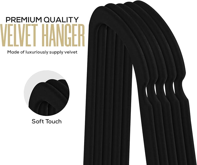 Utopia Home Velvet Hangers 100 Pack – Premium Non-Slip Slim Clothes & Coat Hangers with Tie Bar, Space-Saving Heavy Duty Design, 360° Swivel Hook – Black