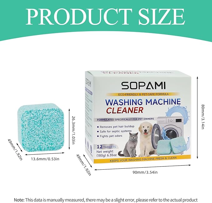SOPAMI Washing Machine Cleaner Tablets 24-Pack (12 Month Supply) for HE/Top/Front Load Washers - Removes Stubborn Pet Hair, Odors, Mold & Residue, Septic Safe & Fragrance Free