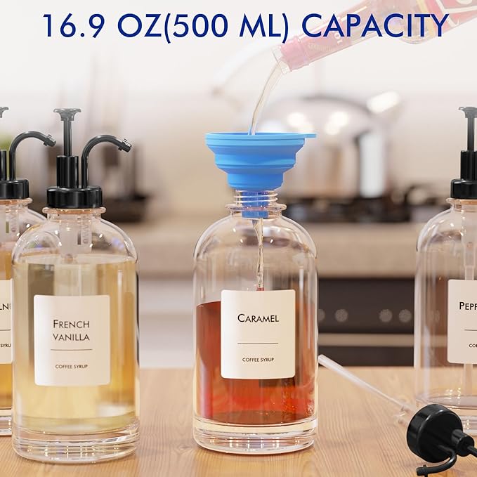 16.9 oz/500 ml Coffee Syrup Dispenser Set - 4 Glass Bottles with Black Pumper and Syrup Labels - Precise Dispensing and Stylish Addition to Coffee Shop, Cafe or Home Bar