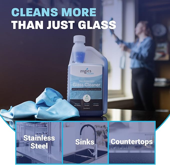 Zogics Non-Ammoniated Glass Cleaner Concentrate - Case of 6-32 oz Bottles - Each Bottle Makes up to 10 Gallons - Meets ECOLOGO Standards
