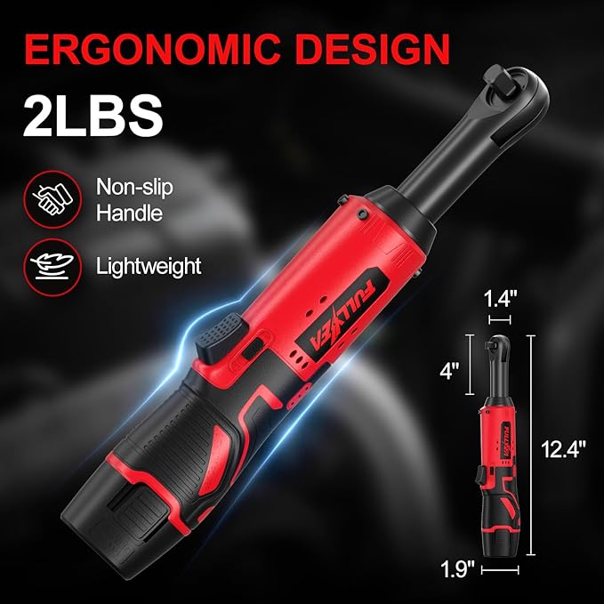 Electric Ratchet Wrench Set,12V Cordless Ratchet Wrench 3/8", 400 RPM Power Ratchet Tool Kit with LED Light, 7 Sockets, 1/4" adapter, 2 Packs 2000mAh Lithium-Ion Battery and Fast Charger