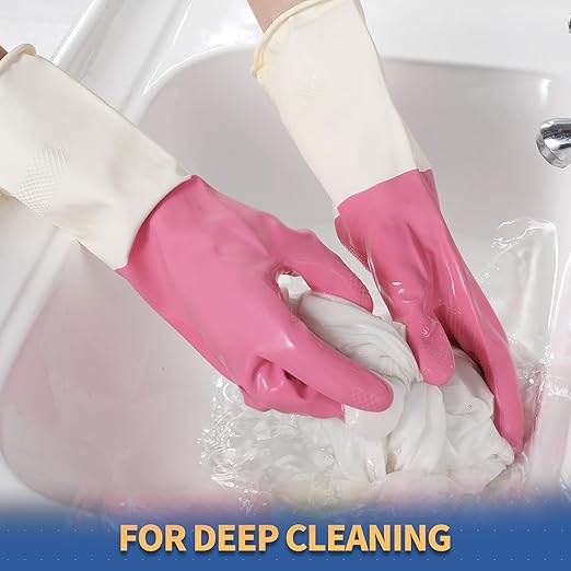 BOOMJOY Latex Cleaning Gloves, Heavy Duty Dishwashing Gloves, Reusable Medium Gloves for Kitchen, Bathroom, Gardening, Working, Pet Care - Green & Pink, 2 Pairs, Size M