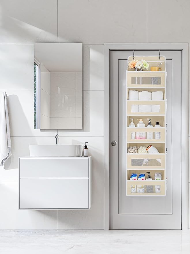 JARLINK 2 Pack Over The Door Organizer Storage, 5 Shelf Hanging Door Organizer with 5 Large Capacity Pockets, Anti Tilt 44 lb Load Behind Door Storage for Bedroom, Bathroom, Pantry, Nursery, (Beige)