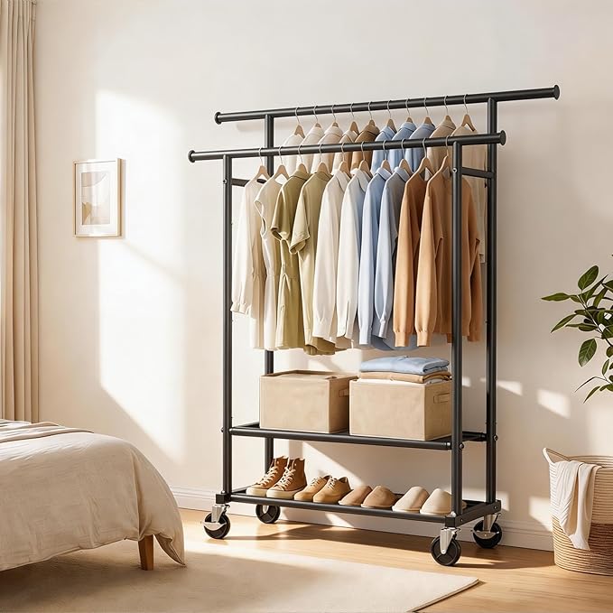 Clothes Rack, Double Rods Rolling Clothing Rack for Hanging Clothes Closet Rack with Wheels, Metal Portable Garment Rack with Double Shelves for Bedroom Laundry Living Room, Black