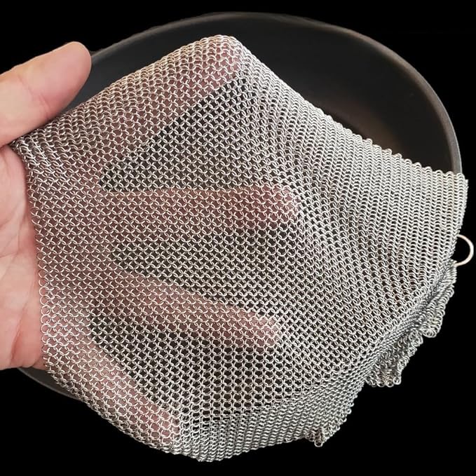 Cast Iron Cleaner & Chainmail Skillet Scrubber - 16''x16'' 3.8mm Small Ring, 316L Stainless Steel Interlocking Mesh Sheet, Flexible Chainmail Panel, Fine Linked Ring Fabric, Woven Ring Net