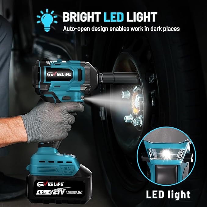 GEVEELIFE 450N.m/332Ft-lbs Brushless Impact Wrench,1/2" Cordless Impact Gun with 4.0Ah Battery & 4 Sockets, Electric Impact Driver for Car/DIY Furniture/Lawn Mower/blue (450N)