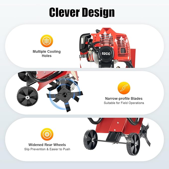 Gas Powered Tiller, 52Cc 2 Stroke Garden Yard Rototiller Tilling Cultivator Heavy Duty Gasoline Tiller with Adjustable Wheels & Long Handle for Plowing Turning Soil Ditching 1900W (52CC 2-Stroke)