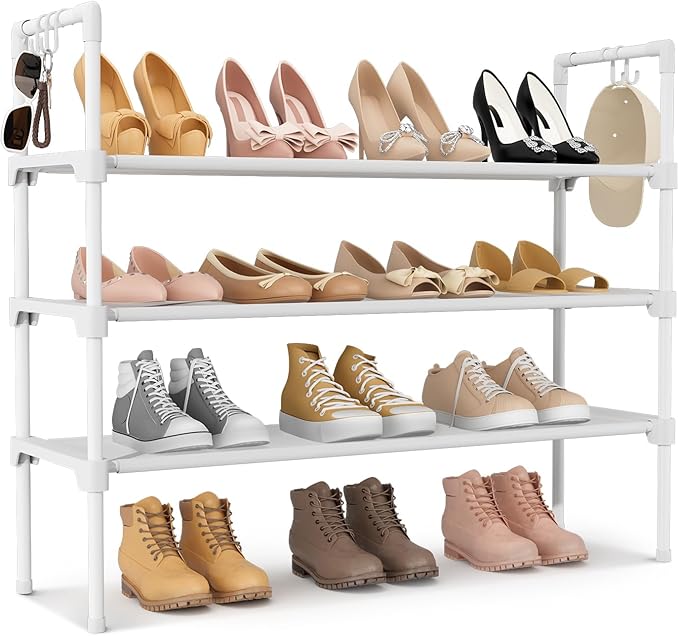 LANTEFUL 3 Tier Shoe Rack for Closet, Shoe Organizer with 5 Hooks, Long Shoe Shelf Storage for Shoe and Boot Stackable Free Standing Shoe Rack for Entryway, Garage, Small Spaces, Dorm, White
