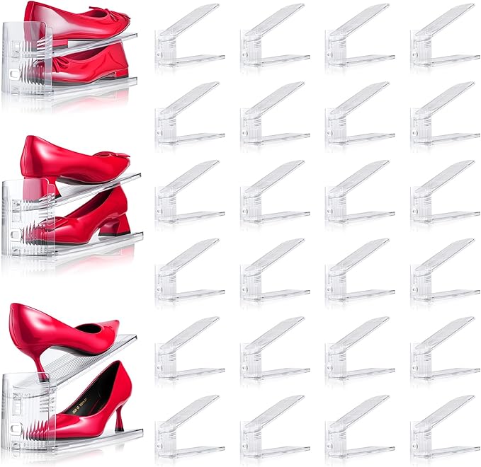 Shoe Slots Organizer, 24 Pack Transparent Shoe Stackers for A Pair of Shoes, 3 Levels Adjustable Doulbe Deck Shoe Holder 50% Space Saver for Closet Organization