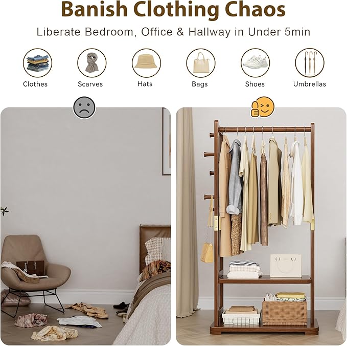 Taitiy Coat Rack Solid Wood Clothes Rack with 2 Shelves & 4 Hooks for Hanging Clothes Garment Wallets Hats, Clothing Rack Heavy Duty Coat Rack Freestanding with Storage Hall Tree for Hallway Bedroom