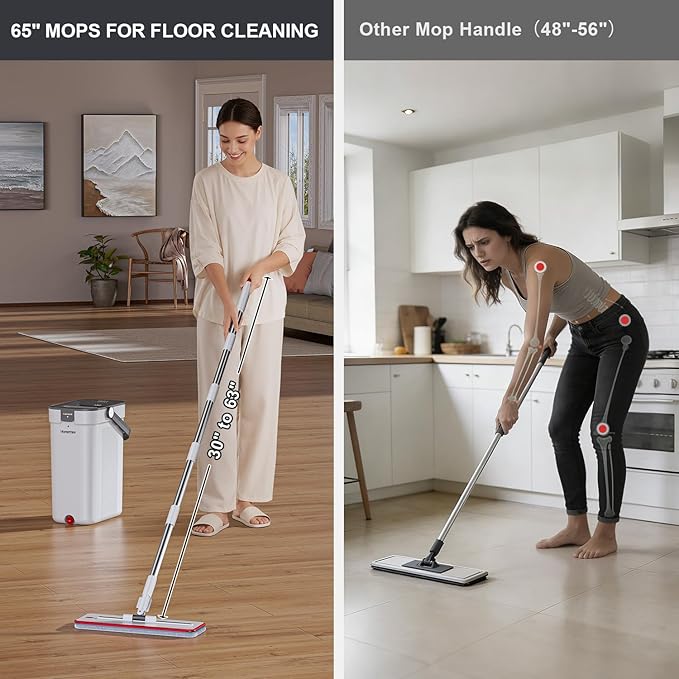 Mop and Bucket Set, 3-Tank Flat Mop and Bucket System for Separate Dirty & Clean Water, 65" Mops for Floor Cleaning with 4 Washable Pads, Safe for Hardwood, Vinyl, Tile, Baseboards, Walls