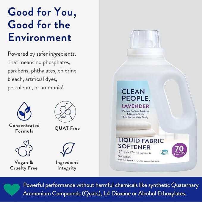 Clean People All Natural Liquid Fabric Softener - Plant-Based, Eco Friendly - Naturally Softens & Removes Static Cling - Vegan - Lavender Scented Laundry Softener - 50 fl oz - 70 loads