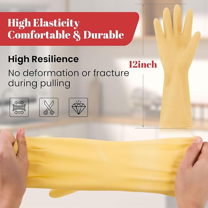 Rubber Cleaning Gloves for Dishwashing - 6 Pairs Kitchen Gloves for Washing Dishes, Reusable Household Gloves for Bathroom, Gardening (Medium, Red & Yellow, 3 Pairs of Each Color)
