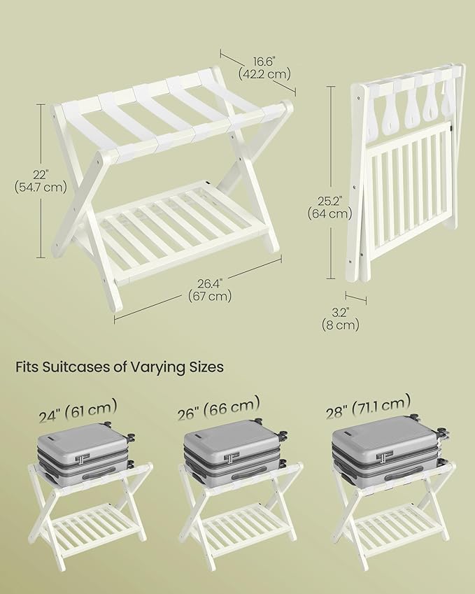 SONGMICS Solid Wood Luggage Rack, No Assembly Required, Foldable Suitcase Stand, Luggage Holder, with Storage Shelf, for Guest Room, Hotel, Bedroom, Cream White URLR020WZ02S