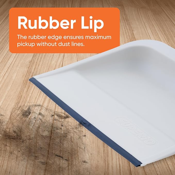 Superio Clip-On Dustpan with Rubber Lip - 10-inch Wide Durable Plastic Dust Pan with Comfort Grip Handle, White, 2-Pack