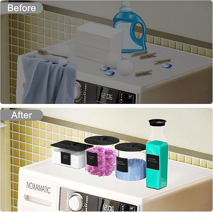 3+1 Pack Laundry Pods Containers & Dryer Sheet Holder & Laundry Detergent Dispenser, Laundry Room Organization and Storage Jars with Lids, Labels and Scoops for Scent Booster Powder Pods, Black Lid