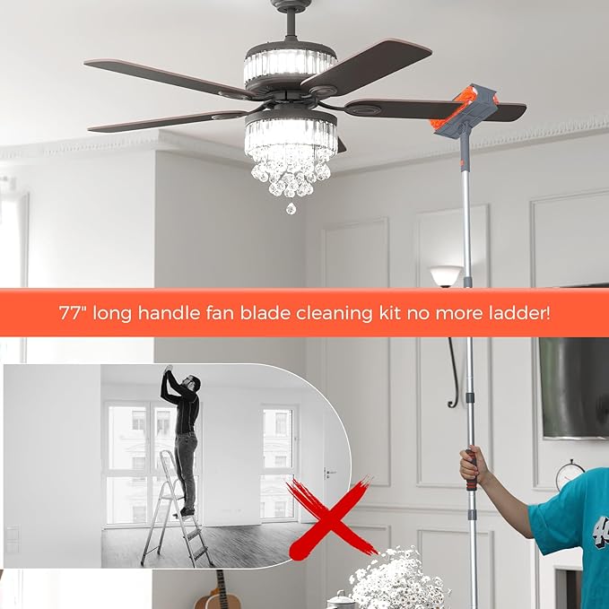 Ceiling Fan Cleaner Kit with 77" Extension Pole, Reusable Chenille Brush for Fan Blades (Up to 8in), Cobwebs, Walls, and Furniture (Orange)