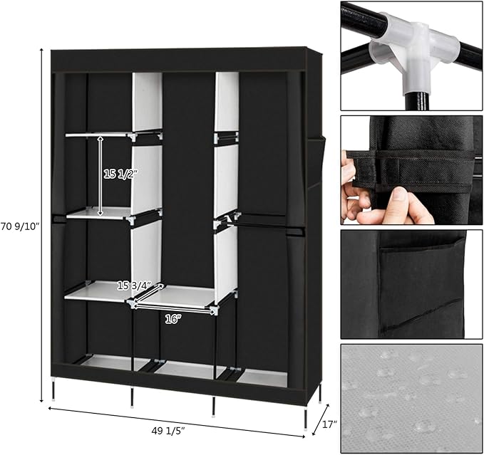 Portable Closet Wardrobe,71'' Closet Storage Organizer Rack with Shelves and Cover for Hanging Clothes, Non-Woven Fabric, Quick and Easy to Assembly (Black)