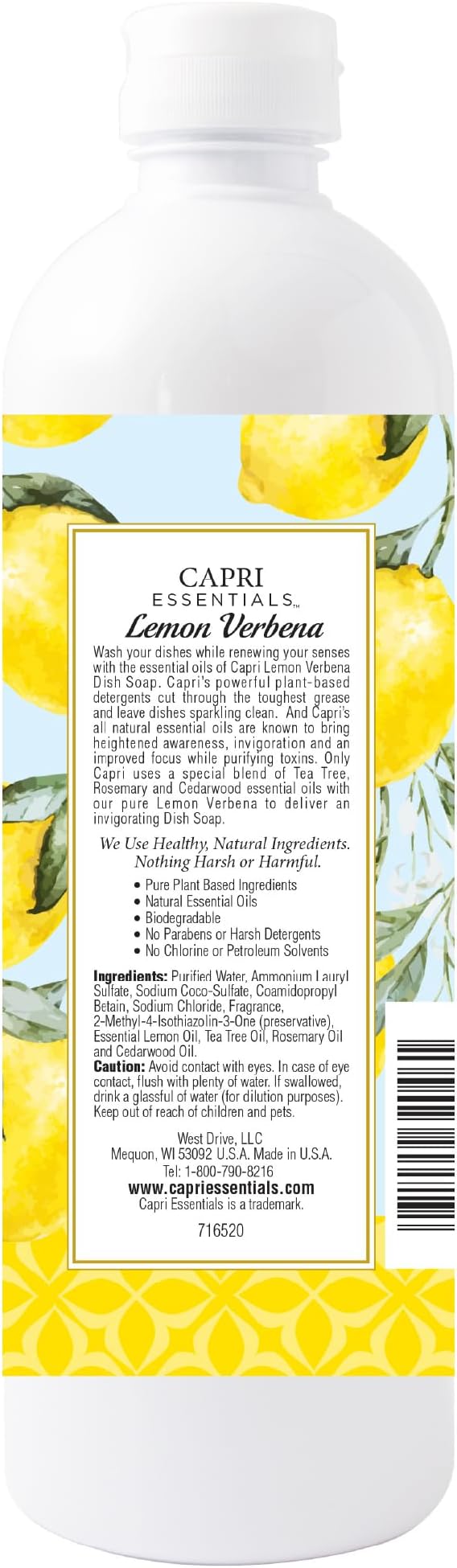 CAPRI ESSENTIALS Dish Soap Liquid, Natural Household Cleaning, Plant Based Aromatic Dish Detergent, Blend of Essential Oils with Tea Tree, Rosemary & Cedarwood, Lemon Verbena, 16 FL Oz (6 Pack)
