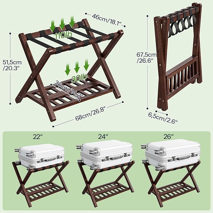 HOOBRO Luggage Racks, Set of 2 Bamboo Suitcase Stands, Folding Luggage Holders, Nylon Strap Support Top, for Guest Room, Hotel, Bedroom, Closet, Dark Brown BR18XLP201