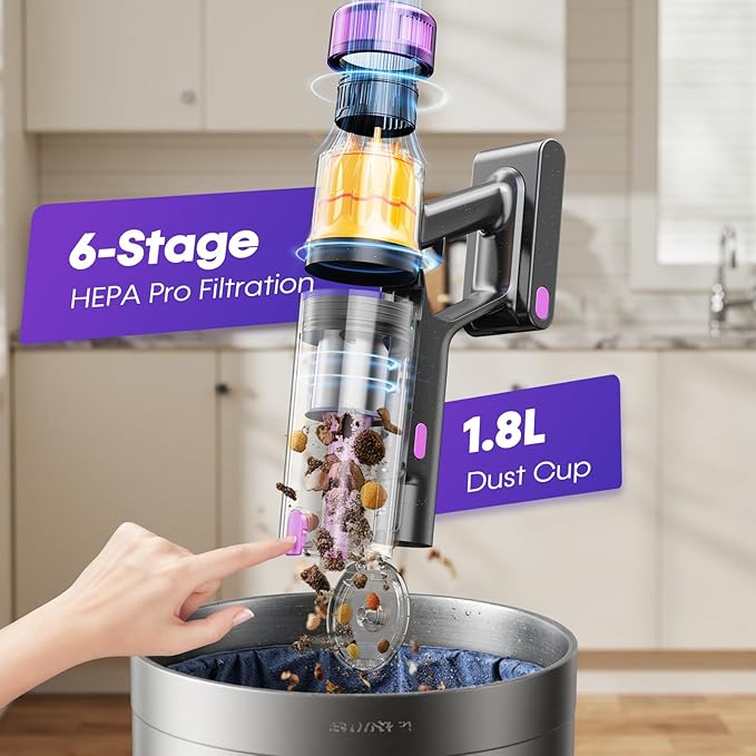 Flybroom Cordless Vacuum Cleaner, 650W 48KPa Vacuum Cleaners for Home, Self-Standing Stick Vacuums with LED Display, Anti-Tangle, Lightweight, Stick Vacuum Rechargeable for Pet Hair Carpet Floor